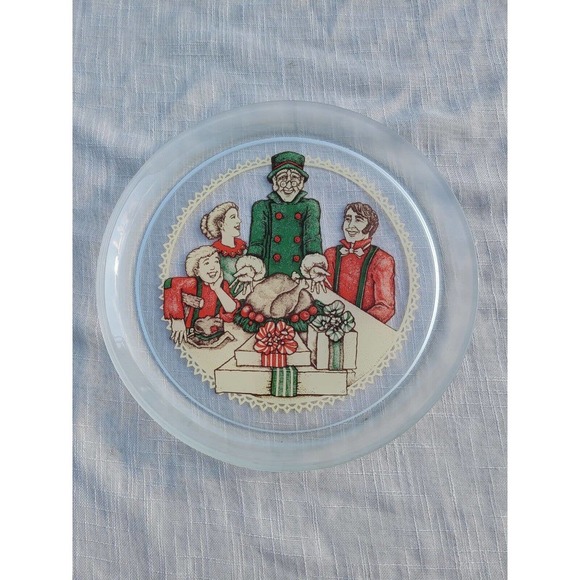 Tiara Vintage glass serving dish with Scrooge, Tiny Tim, Christmas dinner family - Picture 1 of 3